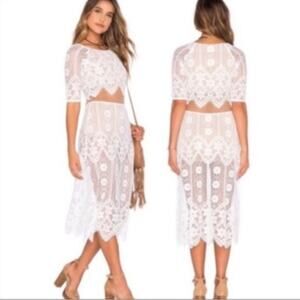 For Love & Lemons | Floral Lace Midi Dress Short Sleeve Boho White Tan Small